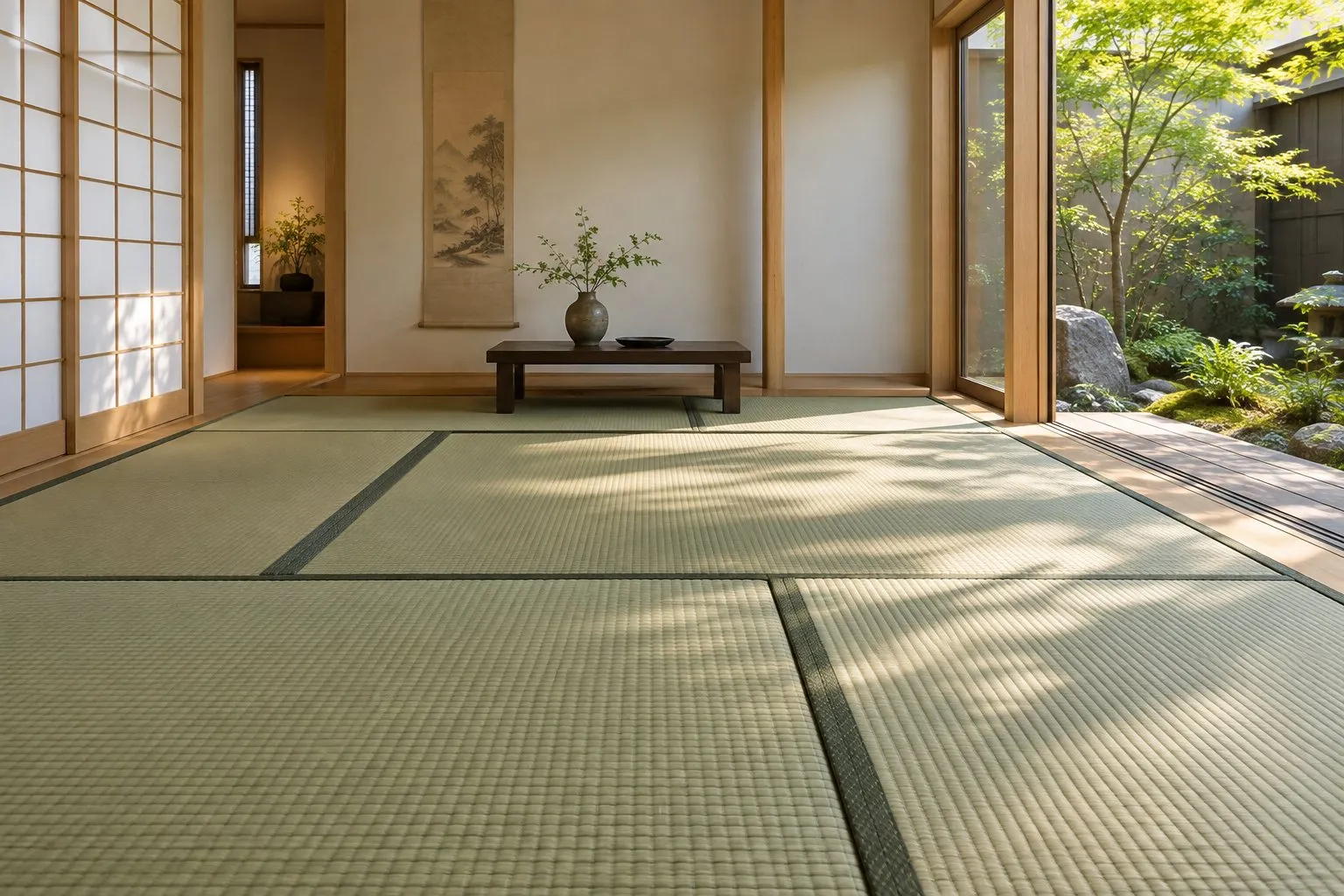 庭の緑と柔らかな光が入る、い草の畳を敷いた和室のイメージ